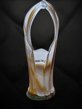 Large 16" Vtg Murano Style Glass Basket Vase Amber White Swirl Swung Handle 3 Lb